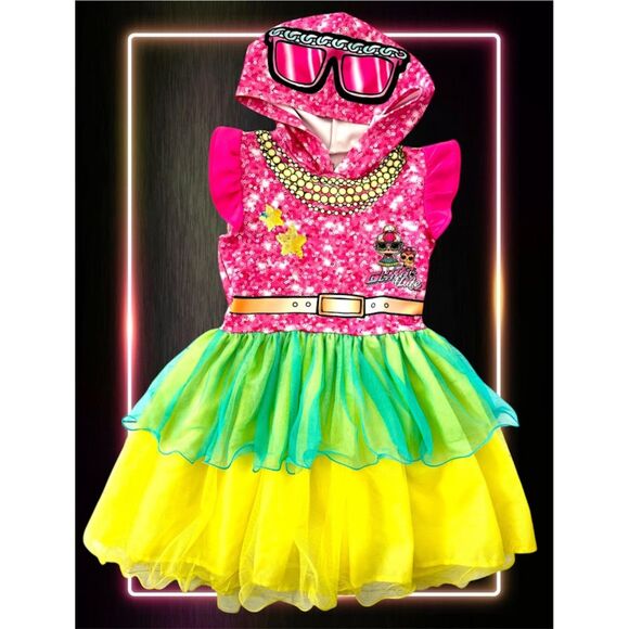 LOL Surprise Girls Hooded Dress, Size 7/8, Pink Green Yellow, Sequin - Picture 1 of 3
